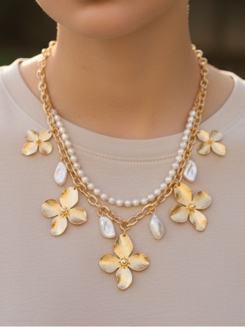 Lilly Pulitzer Gold Floral Pearl Layered Necklace NWT